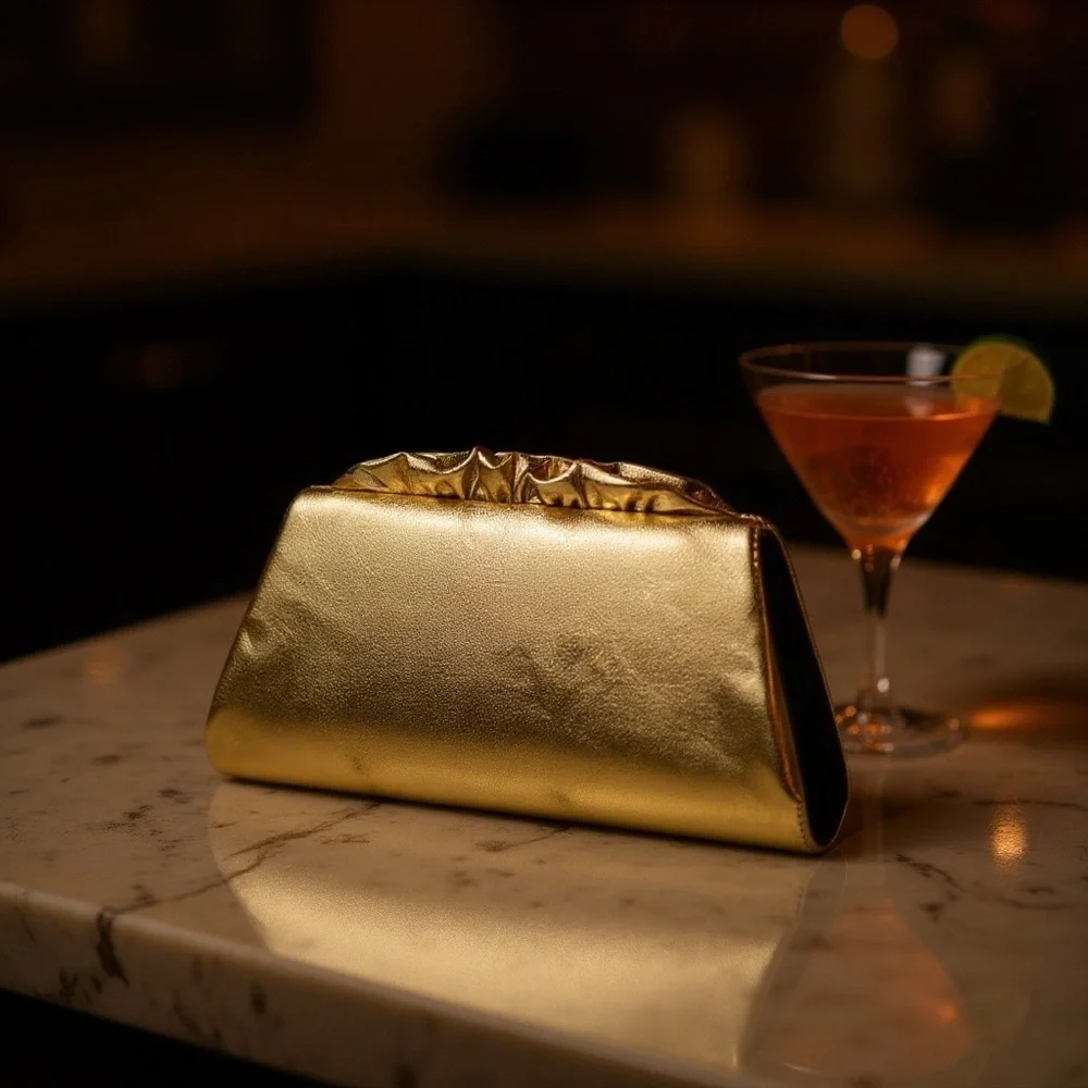 Metallic Gold Ceremony Reception Clutch Bag Top Handle Chain Wedding Party Purse